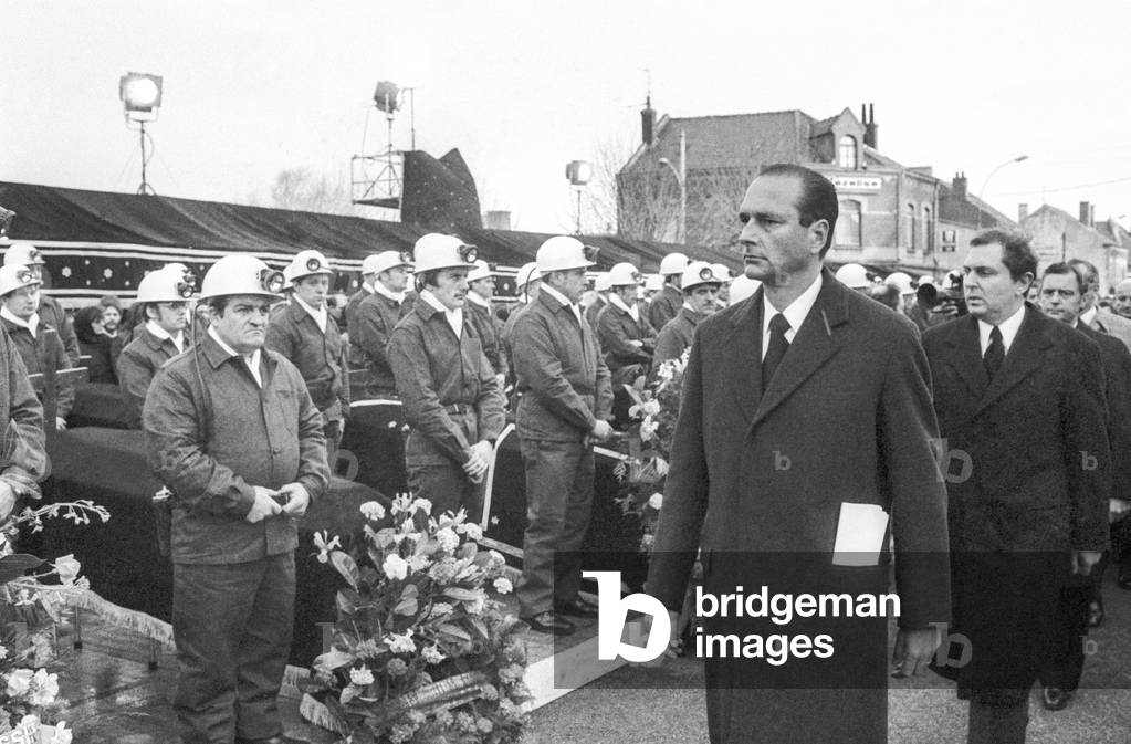 Funeral of the miners dead during the catastrophe of the mine of Lievin, France, December 31, 1974 : Jacques Chirac (b/w photo)