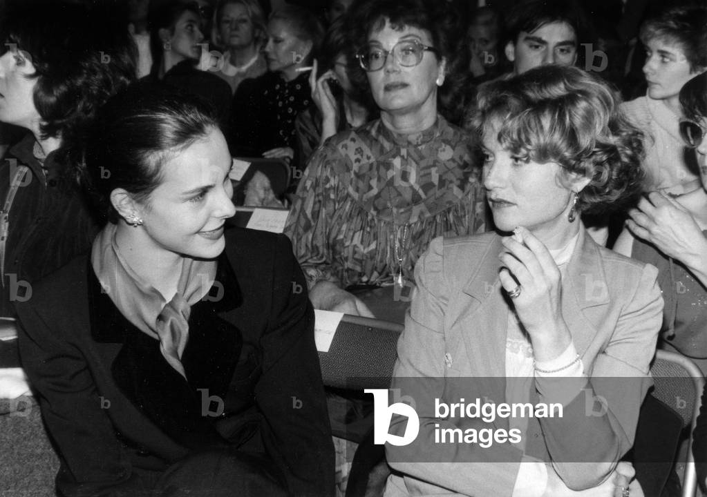 Carole Bouquet and Isabelle Huppert at Presentation of Louis Feraud Collection January 26, 1983 (b/w photo)