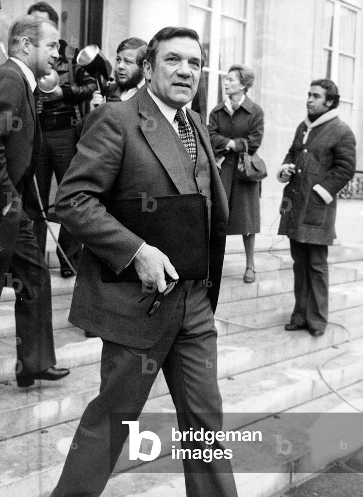 Rene Haby French Minister of Education here Leaving Elysee Palace After Ministers Council March 18, 1976 (b/w photo)