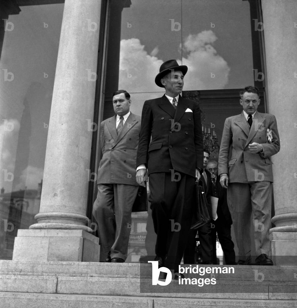 French Prime Minister Andre Marie Leaving Elysee After Council of Ministers, Paris, July 28, 1948 (b/w photo)
