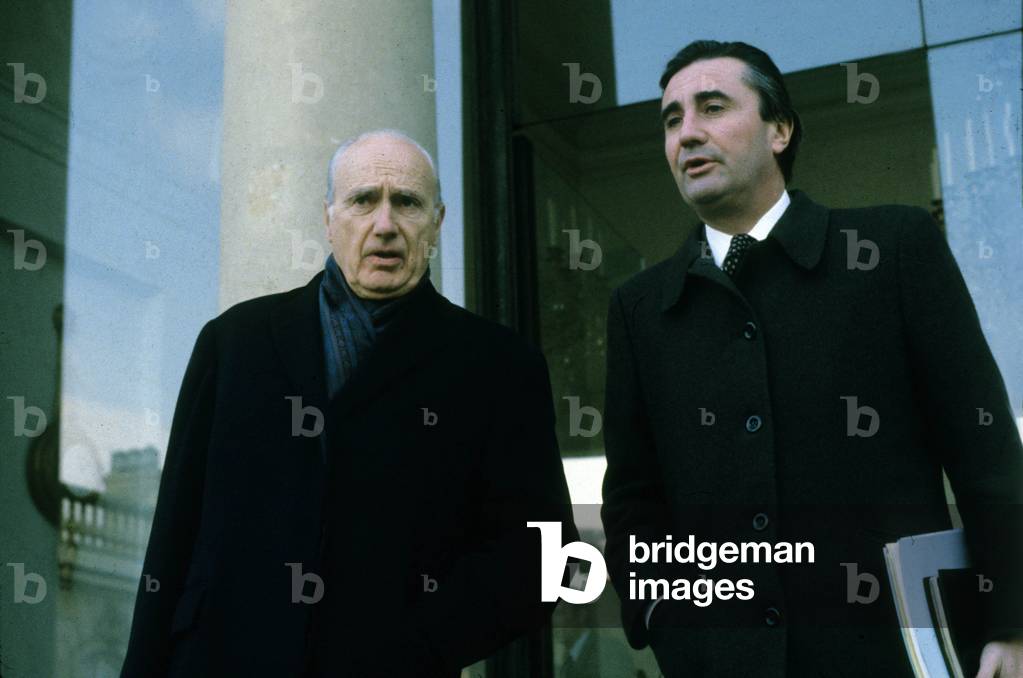 Maurice Papon, French Minister of Budget and Jean-Pierre Soisson, French Minister of Youth and Sports, Leaving Elyseee Palace in Paris After Council of Ministers on January 2, 1980 (photo)