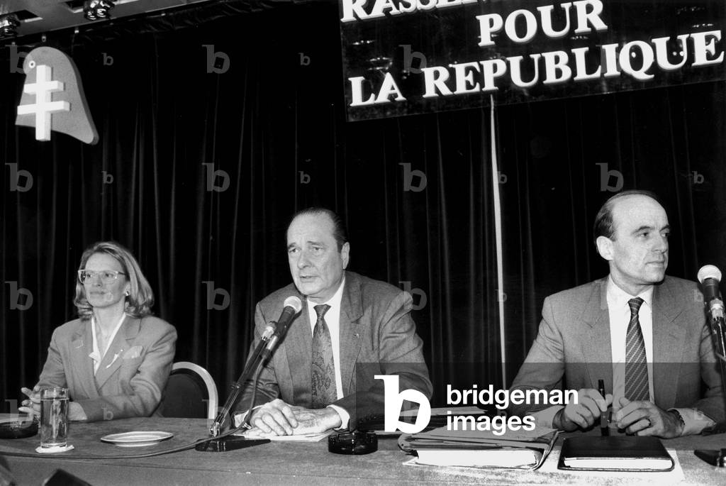 French Politicians Michele Alliot-Marie (Rpr and European Deputy) With Jacques Chirac (President of Right Wing Political Party Rpr) and Alain Juppe (Rpr General Secretary) during Rpr National Council December 5, 1990  (b/w photo)