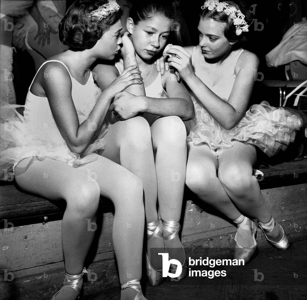 Entrance Examination at Conservatoire of Dance October 21, 1958, Paris : 2 Young Dancers Consolating Another Girl Who Thinks She Had Failed The Competition (b/w photo)