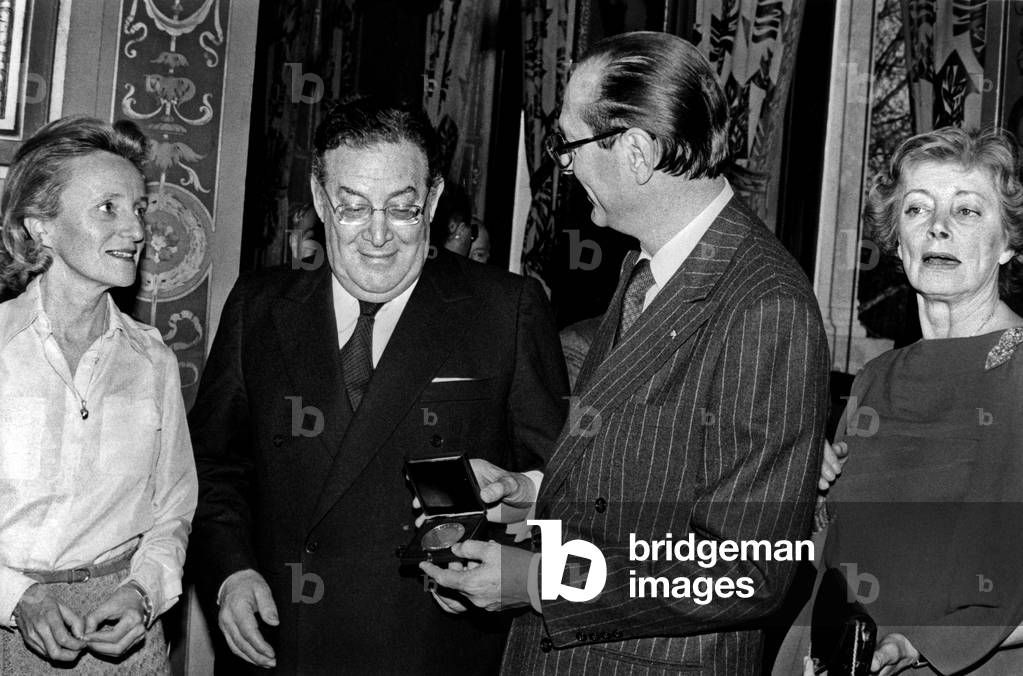 Jacques Chirac, Mayor of Paris, Giving A Medal To Leon Zitrone in Presence of Bernadette Chirac and Mrs Zitrone, April 3, 1980 (b/w photo)