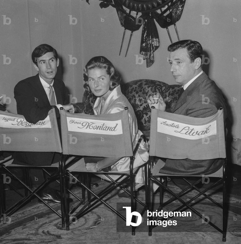 Actors Anthony Perkins, Ingrid Bergman and Yves Montand in Paris for presentation of actors of film 