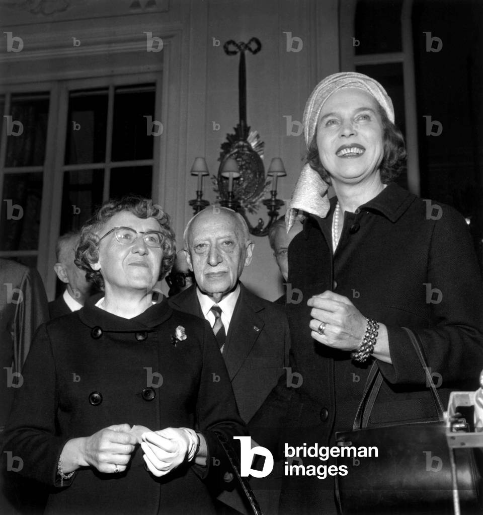 Princess Marie Jose of Savoy (R, Princess of Belgium) Giving A Prize To French Writer Regine Pernoud (L) in Presence of Andre Maurois (C) at Ritz Hotel in Paris on December 9, 1966 (b/w photo)