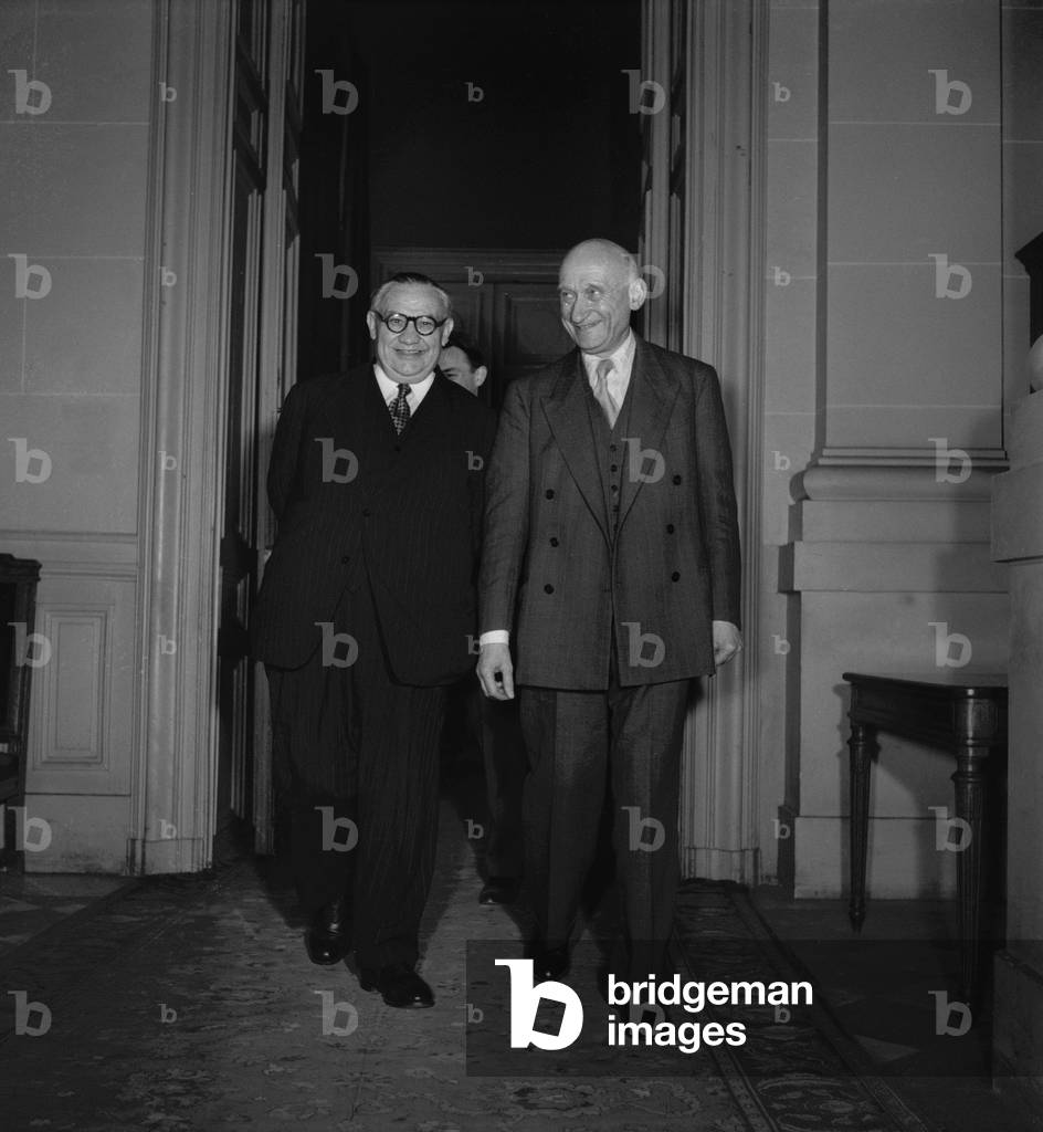 Ernest Bevin, English secretary of state for foreign affairs, and Robert Schuman, French minister of Foreign Affaires Paris, July 23, 1949 (b/w photo)
