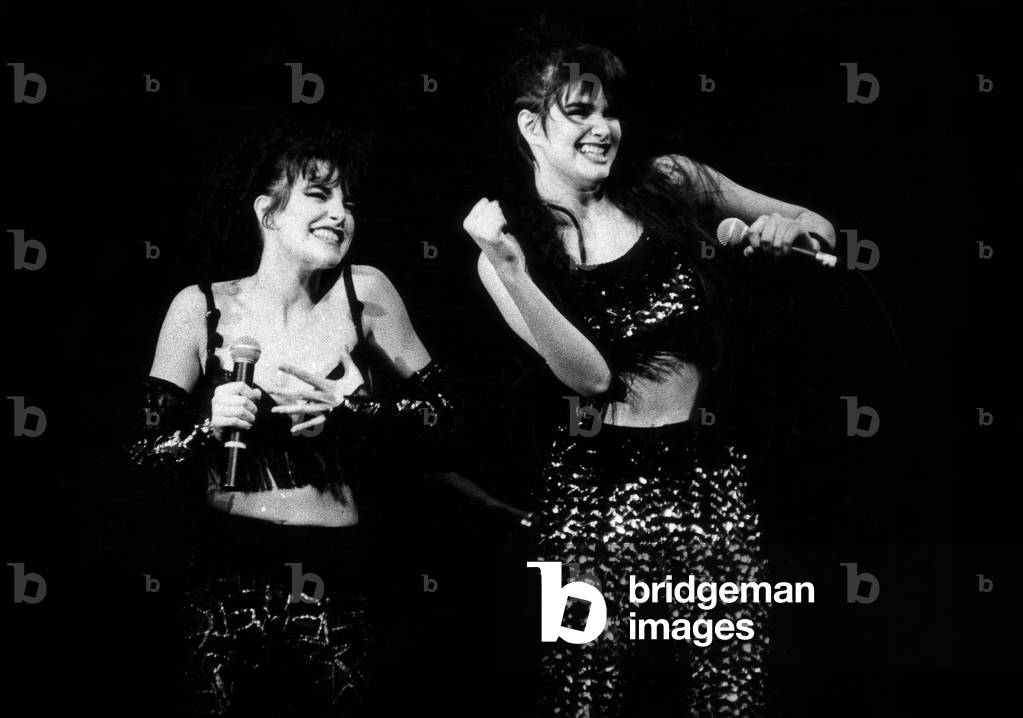 Singer Lio on Stage at Olympia, here Singing With her Sister Helena Noguera May 21, 1987 (b/w photo)