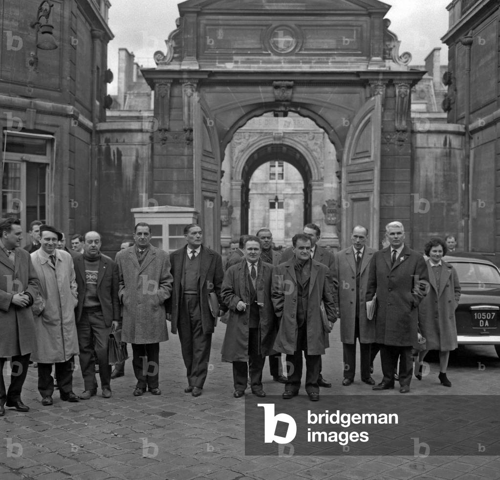 Demonstration of miners from Lorraine between Pantin and the Invalides in Paris for a 4th week of annual paid leave on March 13, 1963, France (b/w photo)