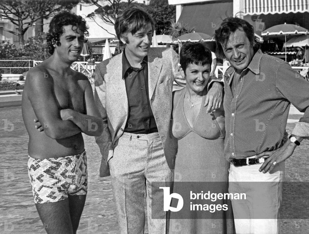Enrico Macias, Louis Velle, Frederique Hebrard and Louis Nucera in Cannes, French Riviera, August 7, 1972 (b/w photo)