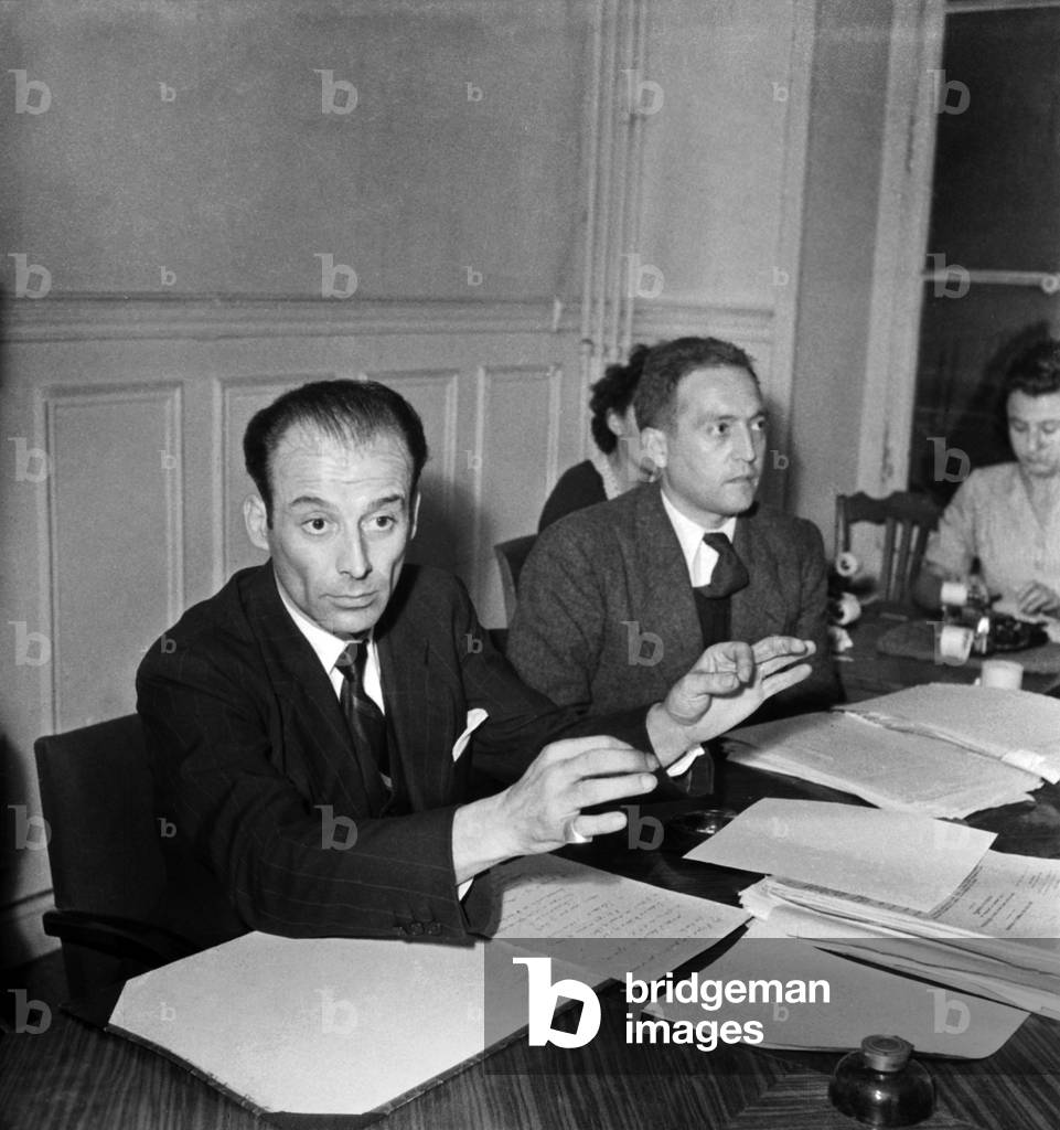 French Politician Pierre Henri Teitgen Giing A Press Conference, Paris, October 3, 1946 (b/w photo)
