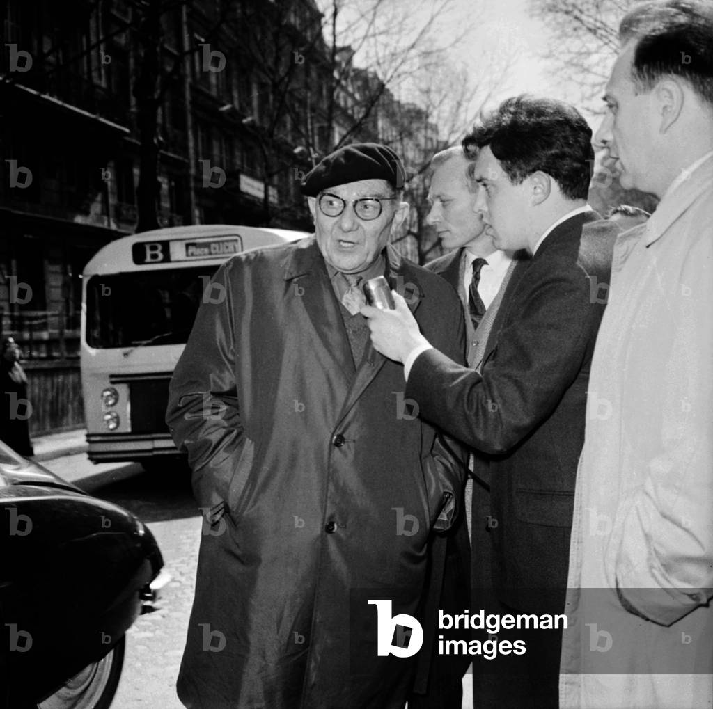 The Discussions Continue Between the Delegates of the Minors Unions and the Direction des Charbonnages De France At the Siege Des Charbonnages Des France, Paris, April 3, 1963, Here During the Suspension of Interviews, The Delegate Of The Cftc Des Mineurs Syndicat, Joseph Sauty Answering Questions From Journalists Neg: B64444 (b/w photo)