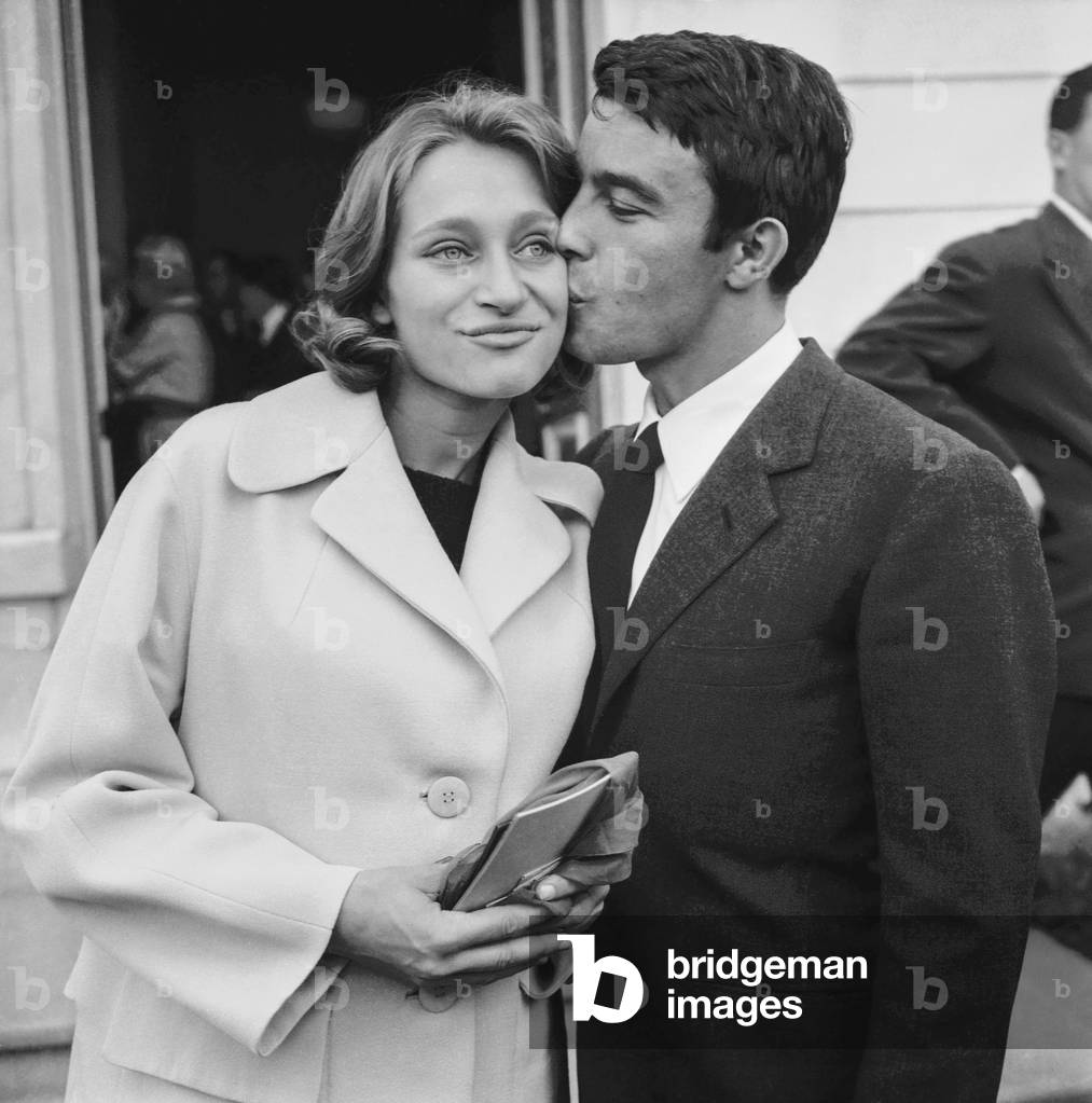 Wedding of French actor Gerard Blain with his3rd wife Monique Sobieski in Auvers-Sur-Oise, France, September 22, 1960 (b/w photo)