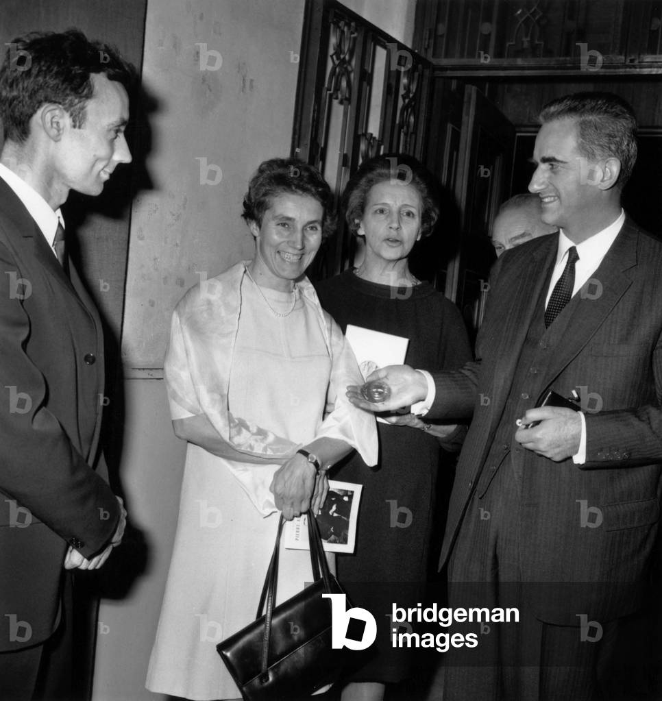 Pierre Joliot-Curie (Son of Irene and Frederic Joliot Curie), Miss Langevin, Eve Curie (Daughter Ofpierre and Mariecurie) and Alain Peyrefitte For Exhibition About Pierer Andmariecurie) in Paris on October 24, 1967 (b/w photo)