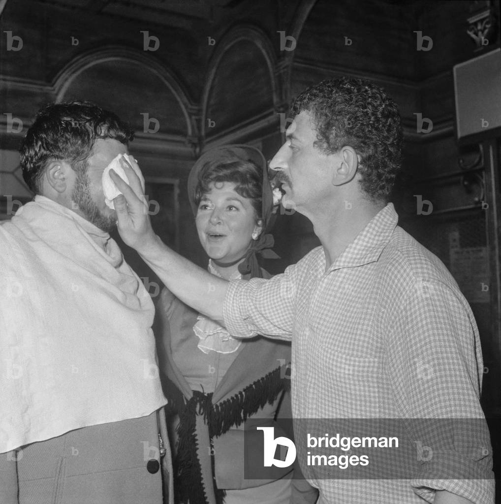 French actors Jean Richard (face with fromage frais) and Sophie Desmaret on set of film 