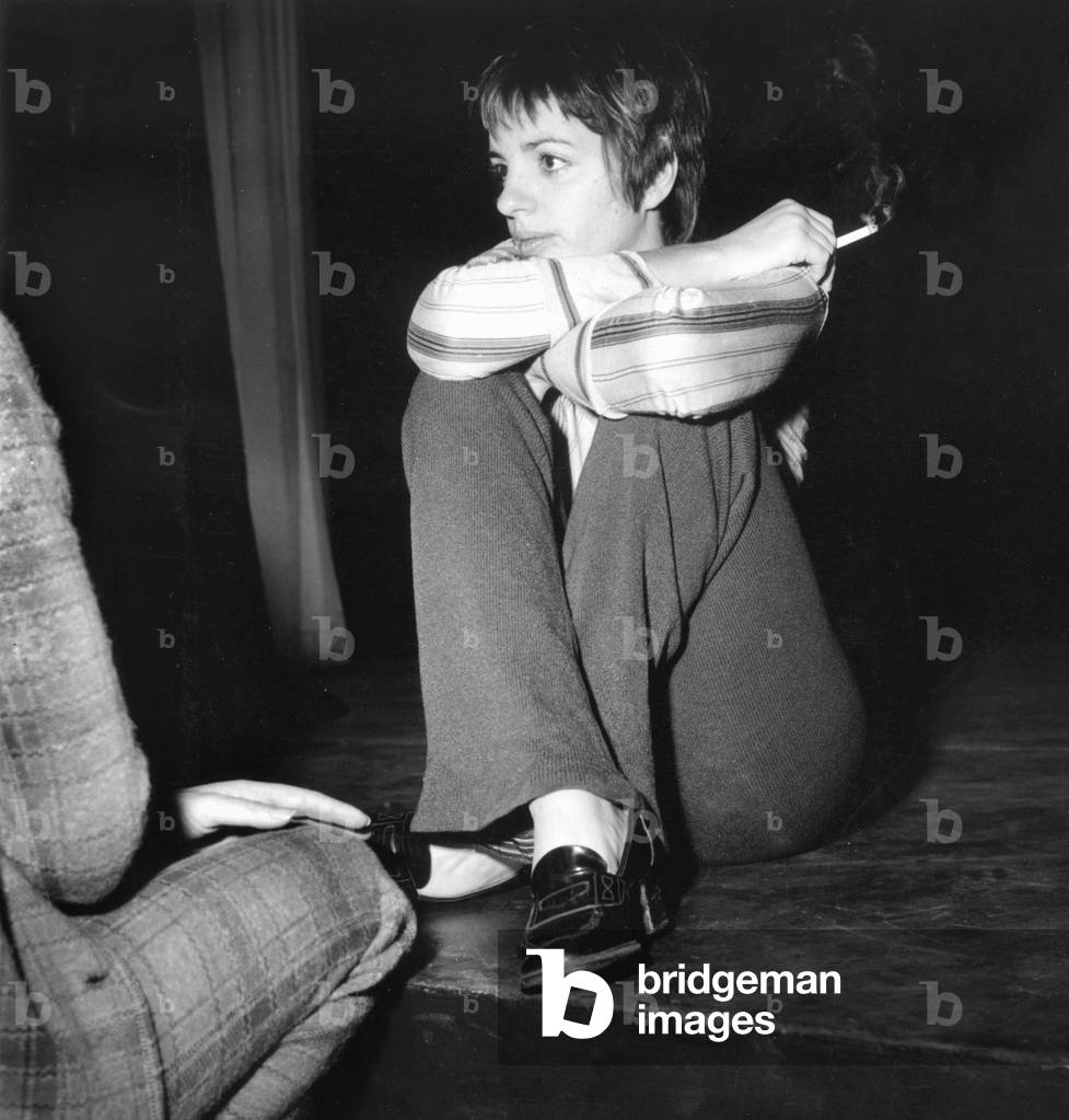 Liza Minnelli during Rehearsal Seated on Stage at Olympia in Paris December 3, 1969 (b/w photo)