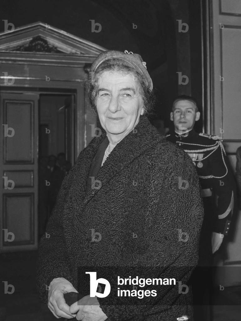 Golda Meir, Israeli minister of Foreign Affairs, after meeting with MichelDebre, Paris, March 16, 1959 (b/w photo)