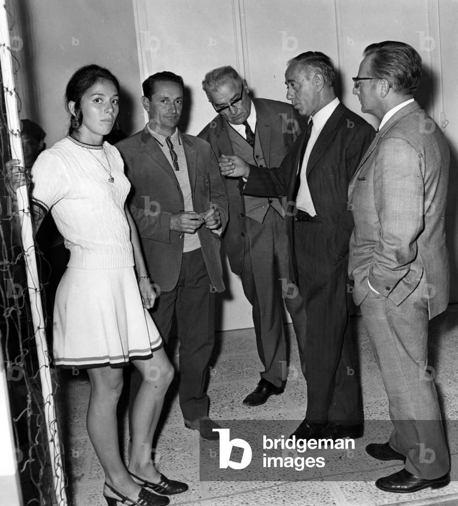 From Left to Right L'Athlete Francaise Colette Besson, Durand Saint Omer, Her Coach, Mr Delsol, Mayor De La Reole, Mr Brun, Senator And Mr Lagorce, Depute at the Inauguration of La Reole's New Sports Hall September 29, 1969 (b/w photo)