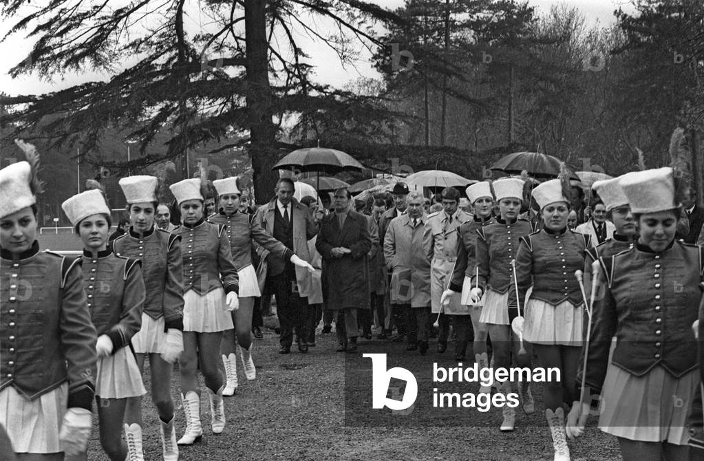 Francois Mitterrand in Bordeaux, France, with majorettes, November 20, 1972 (b/w photo)