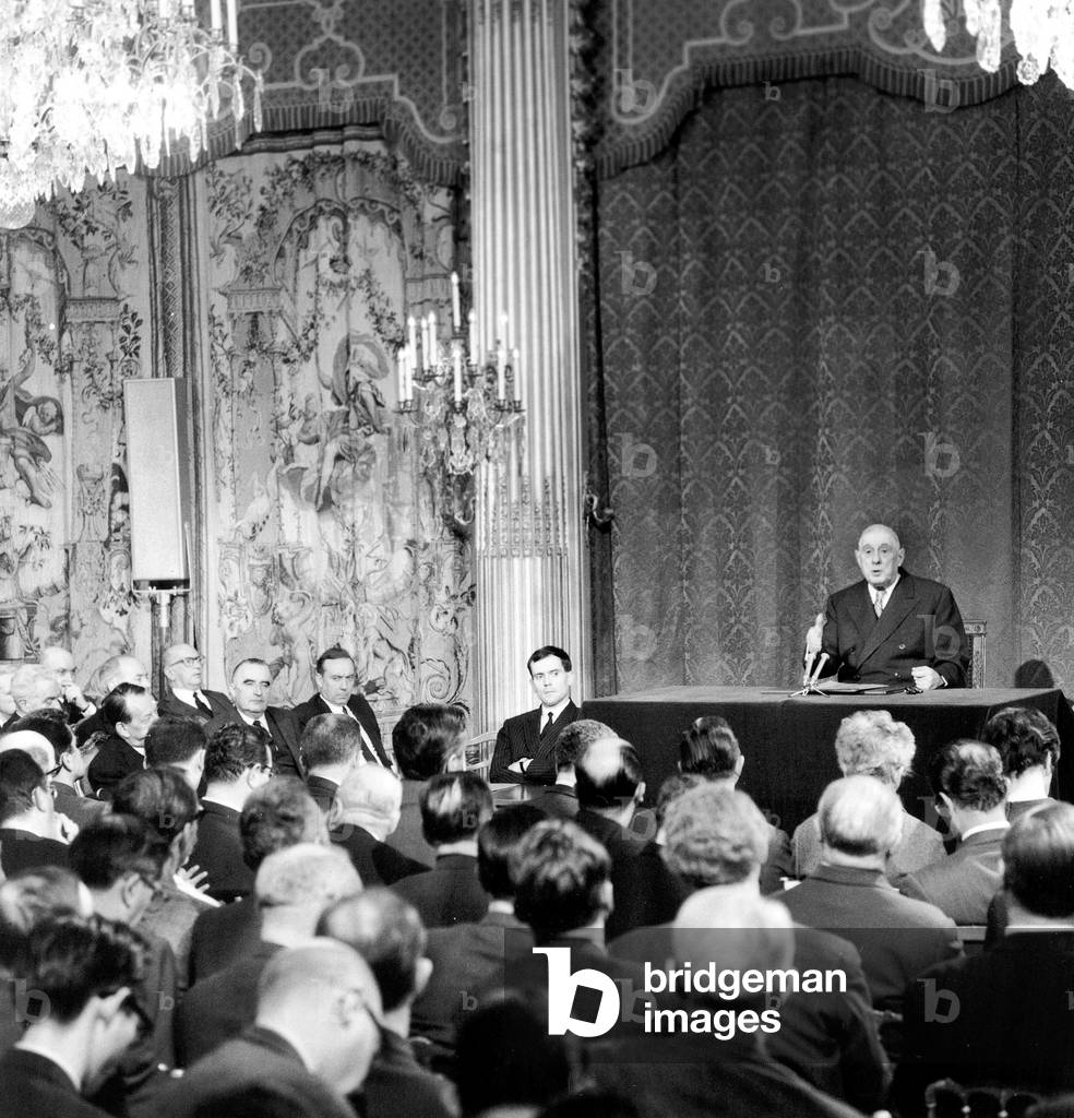 First Press Conference of General Charles De Gaulle After his Reelection As President February 21, 1966 (b/w photo)