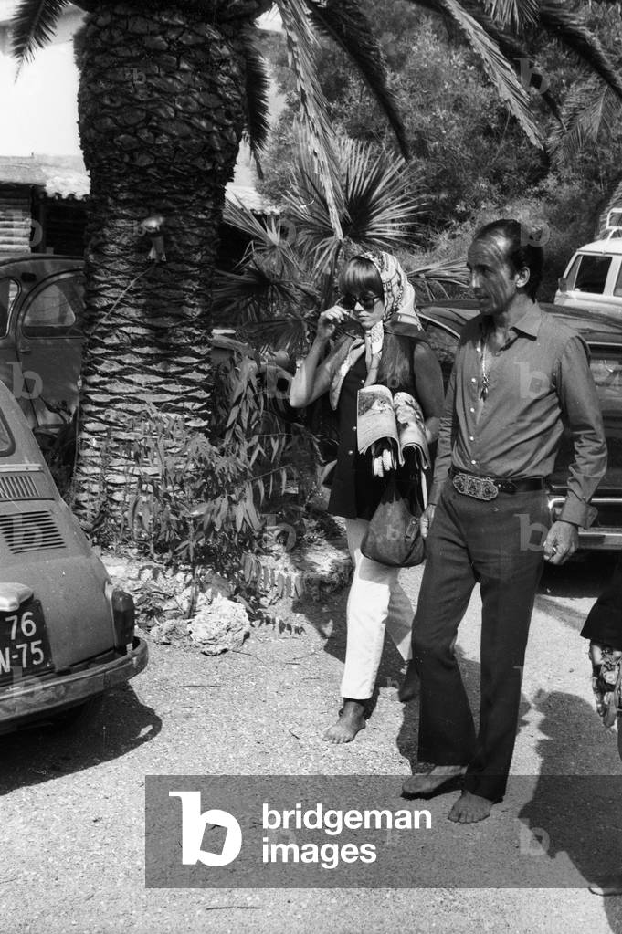 Jane Fonda and Prince Dado Ruspoli in Saint Tropez August 7, 1968 Cote D'Azur Riviera France (b/w photo)