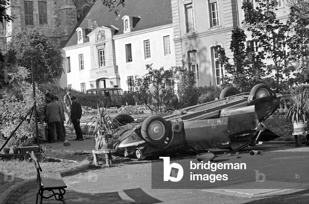 Car of Prefect of Le Mans (France) Fired After Demonstration of 300 Persons, May 16, 1968 (b/w photo)