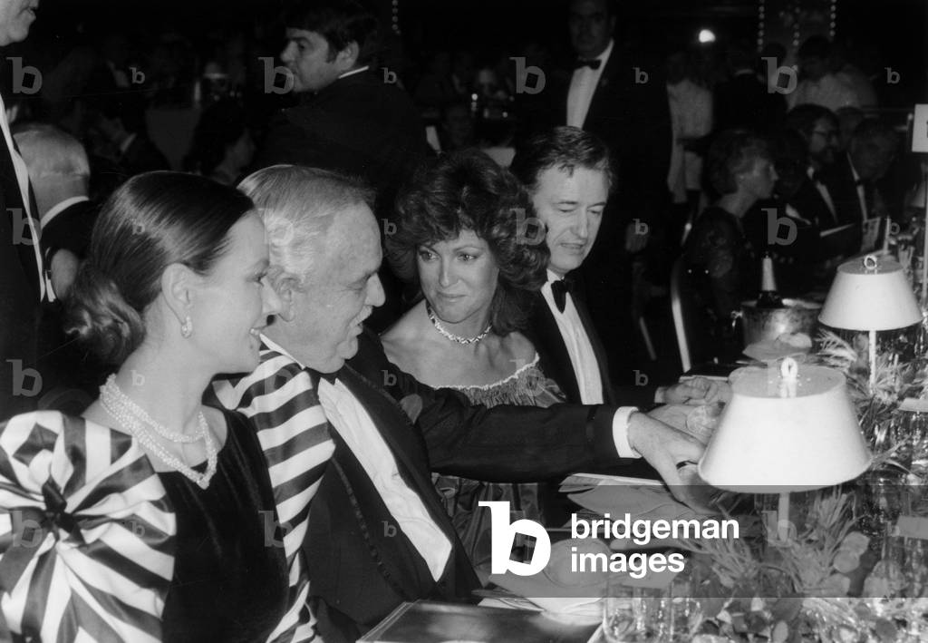 Giving of Prizes at Monte Carlo Television Festival in Presence of Prince Rainier Iii, Claudine Auger (L), Chantal Nobel and Louis Velle February 19, 1985 (b/w photo)