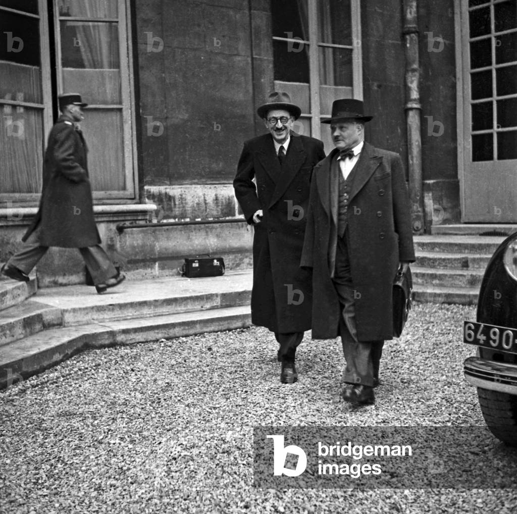French Politicians Jules Moch and Andre Le Troquer After Council of Ministers, Paris, January 18, 1946 (b/w photo)