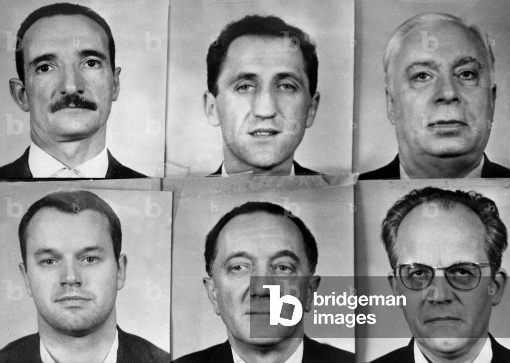 Member of Oas (Terrorist Organization Opposed To Algerian Independence) Arrested in April 1963 : L-R : Top : Jacques Roy (Leader) Paul Cordier and Raymond Bret ; Bottom : Francis Pietri Edmond Suffet and Abel Storez (b/w photo)