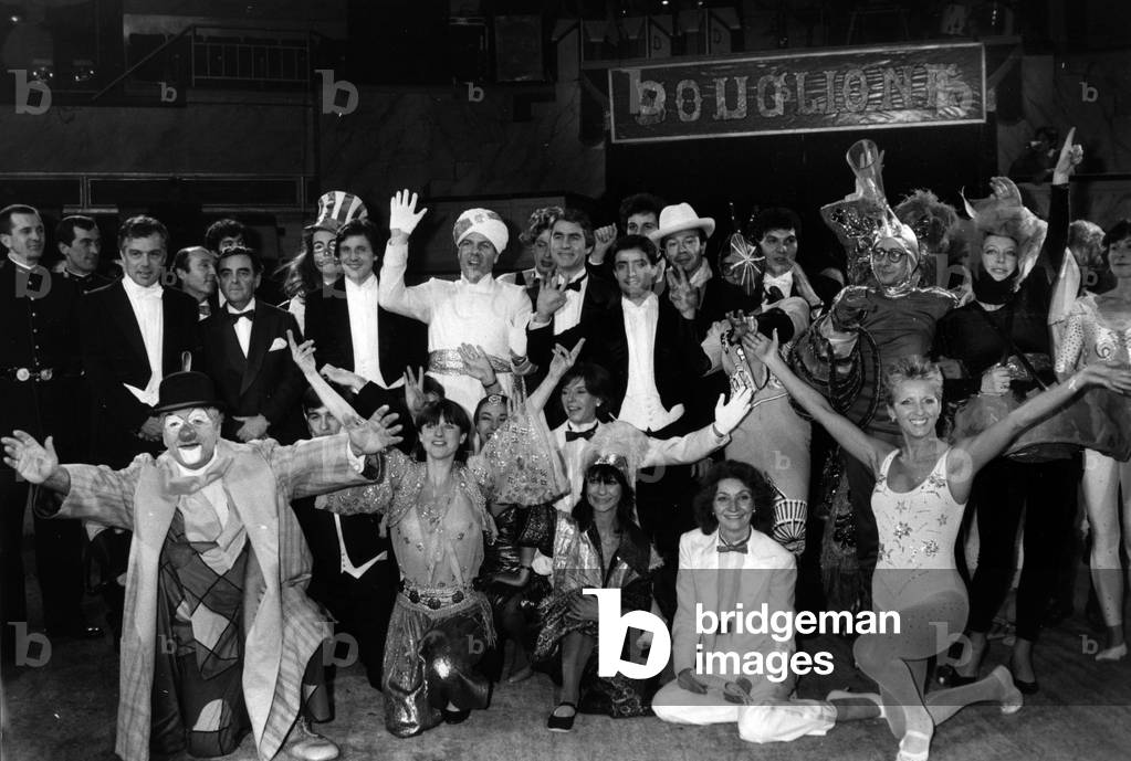 French Journalists at Gala of The Press in Aid of Action Against Hunger, Paris, January 21, 1985 : 1St Row : Joseph Poli, Michele Barbier (2Nd on R), Pierrette Bres ; 2Nd Row : Michel Chevalet, Bernard Pivot, Jean Claude Bourret, Jean Claude Narcy, Denis Vincenti, Paul Wermus, Rachid Arhab and France Roche (b/w photo)