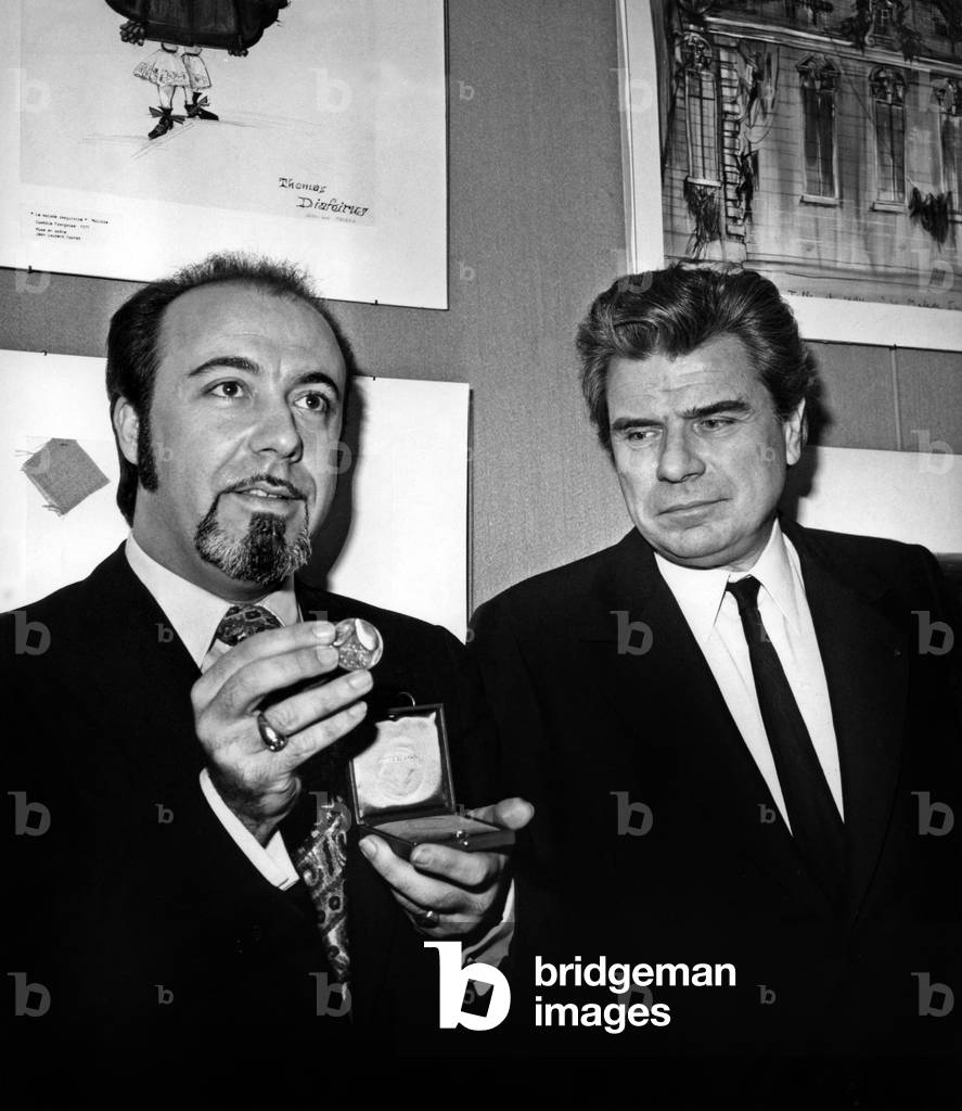 Jean Laurent Cochet After Having received the Grand Prize for Best Director of Theatre (For His Direction Of La Comedie De Moliere “Le Malad Imaginaire” At La Comedie Francaise) Here Felicite By Jacques Duhamel Minister of Cultural Affairs February 3, 1972 Chez Dominique Rue Brea A Paris (b/w photo)
