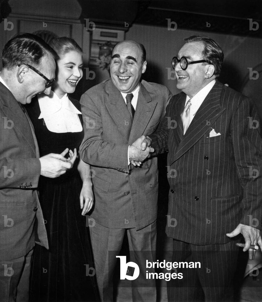 Gilles Grangier, Marcel Achard, Van Parys and Nadine Basile After Premiere of The Film Love, Madame, Chmaps Elysees Movie Theatrer, Paris, January 24, 1952 (b/w photo)