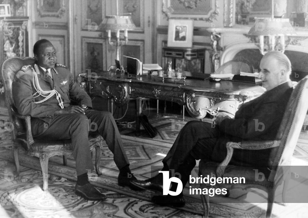 General Idi Amin Dada, Uganda President, during his Visit at Elysee Palace With French President Georges Pompidou September 16, 1971 (b/w photo)