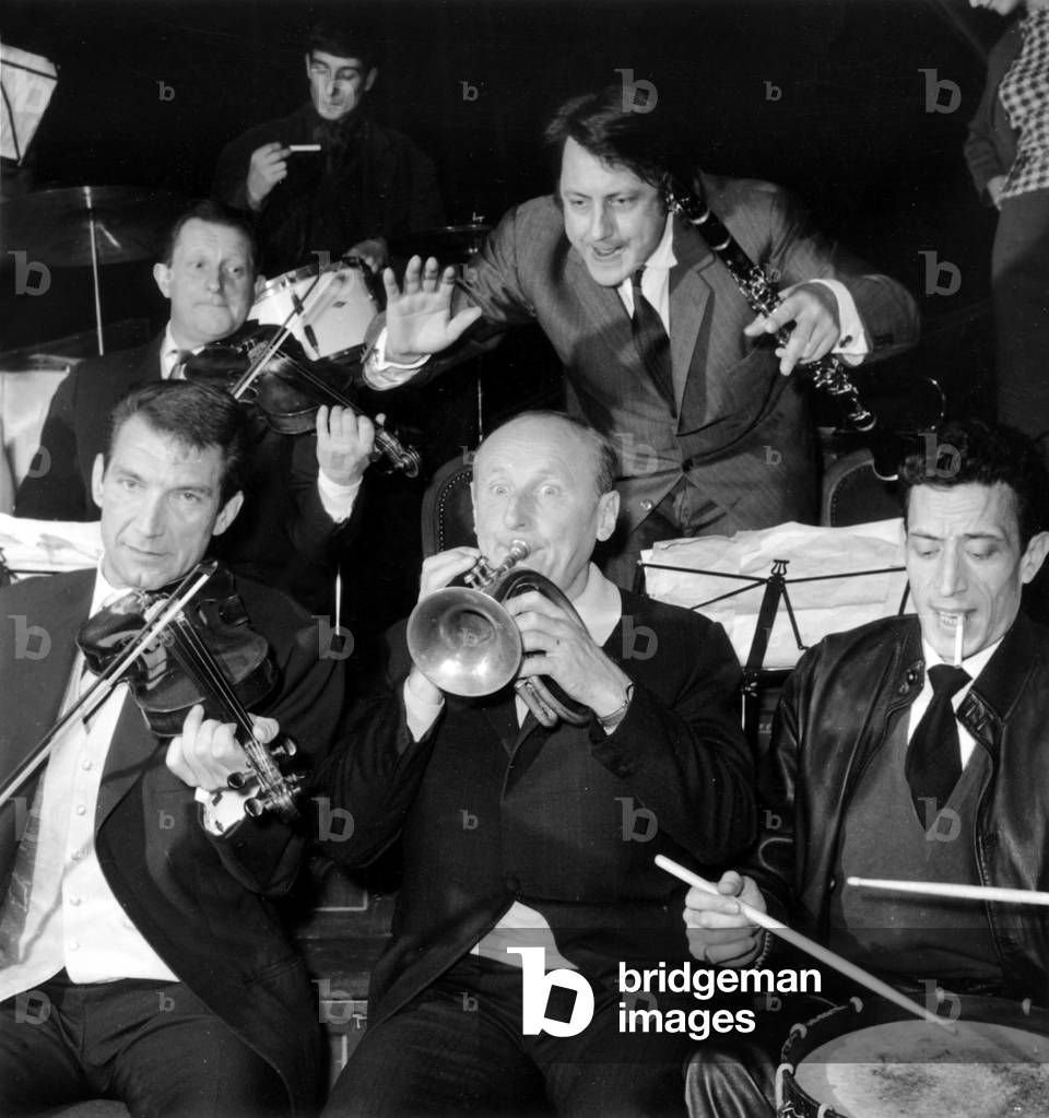 Bourvil With Felix Marten (Violin) and Philippe Clay (Drums) November 7, 1962 (b/w photo)