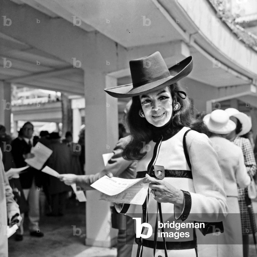 Actress Maria Felix at Horse Race, Paris, Longchamp, June 28, 1970 (b/w photo)