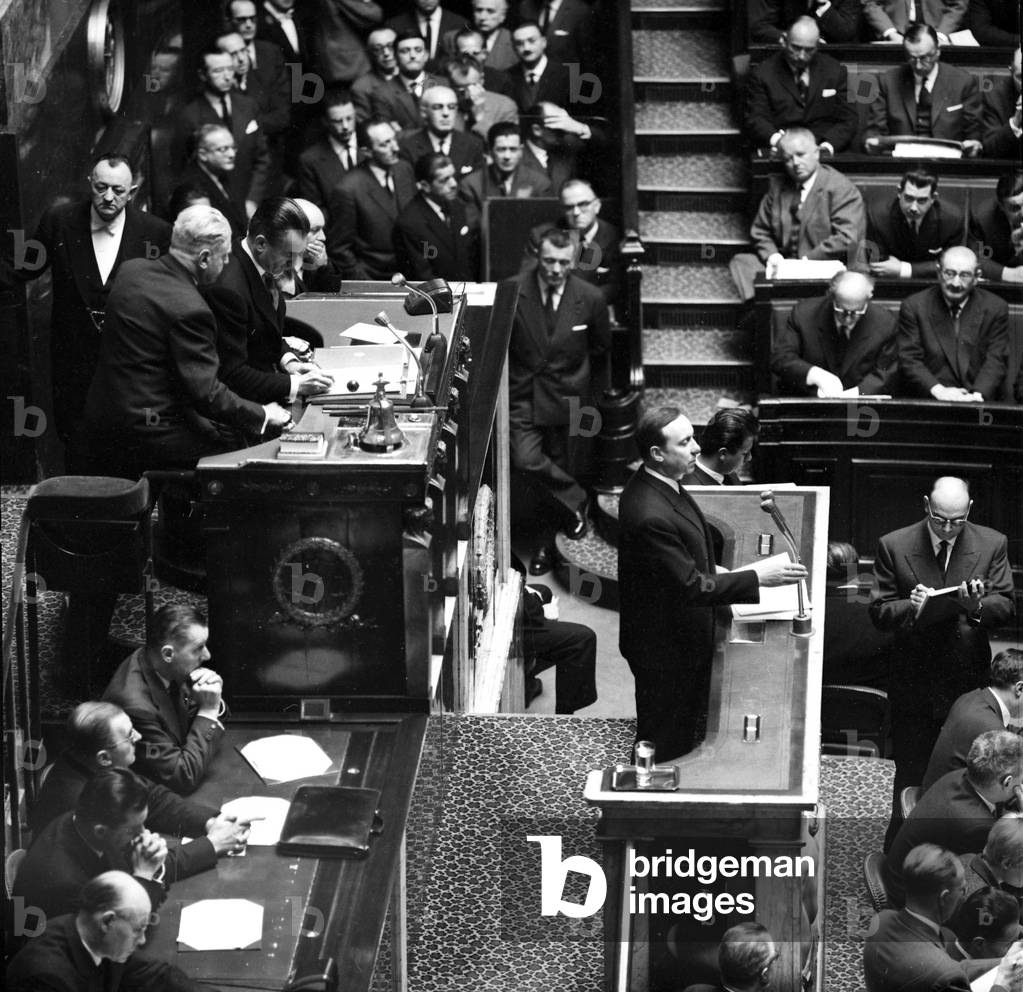 French National Assembly, March 21, 1962 : French Prime Minister Michel Debre Is Speaking, Behind Is Jacques Chaban-Delmas, President of The Assembly (b/w photo)