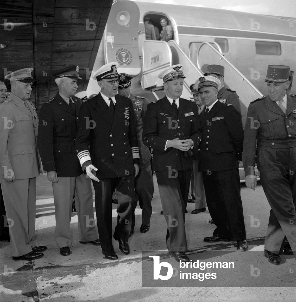 The main generals of the US Chief of Staff arriving at Orly airport in Paris, August 4, 1949 (at time of Marshall Plan) (b/w photo)