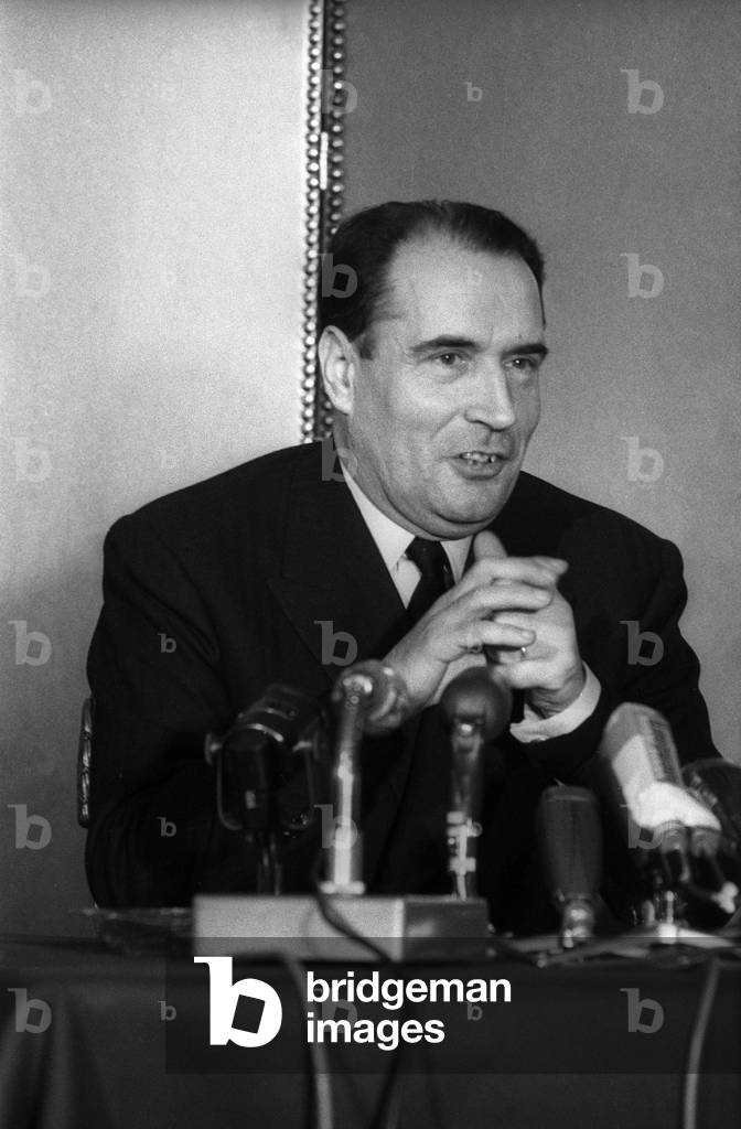 Francois Mitterrand, candidate in the French presidential election, during a press conference, hotel Lutetia, Paris, November 17, 1965 (b/w photo)