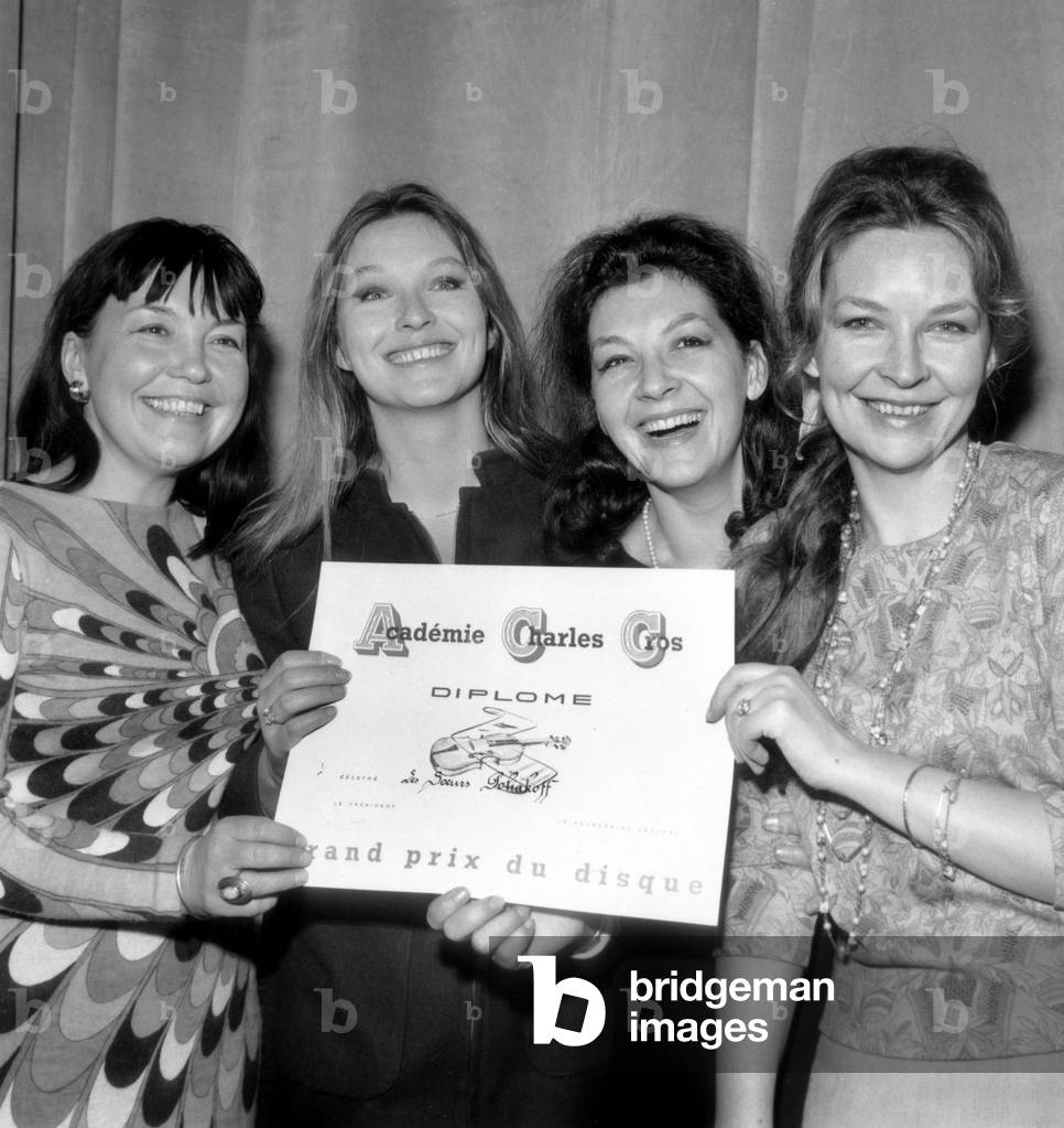 Poliakoff Sisters : Olga Ken, Marina Vlady, Helene Vallier and Odile Versois Receiving The Prize of Firt Disc By Charles Cros Academy on March 9, 1967 (b/w photo)
