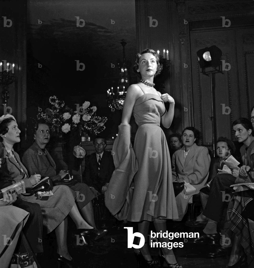 Jane Sylvain fashion show, Paris, October 5, 1949 (b/w photo)