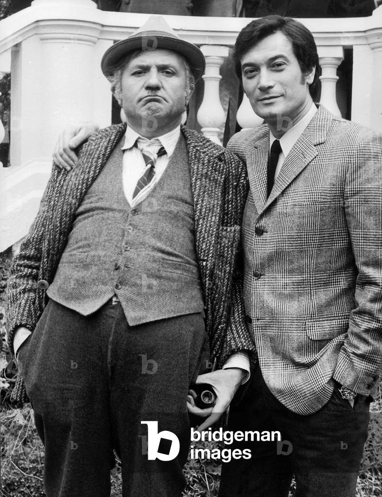 French Actors Jean Richard and Gerard Barray on Set of Film Beru Et Ses Dames 1968  (b/w photo)