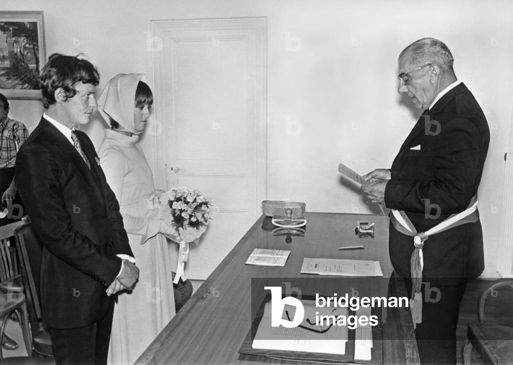 Wedding of French Actor Bernard Verley and Francoise Tuloup in Cagnes Sur Mer (Deputy Mayor Louis Plagnol) October 6, 1969 (b/w photo)