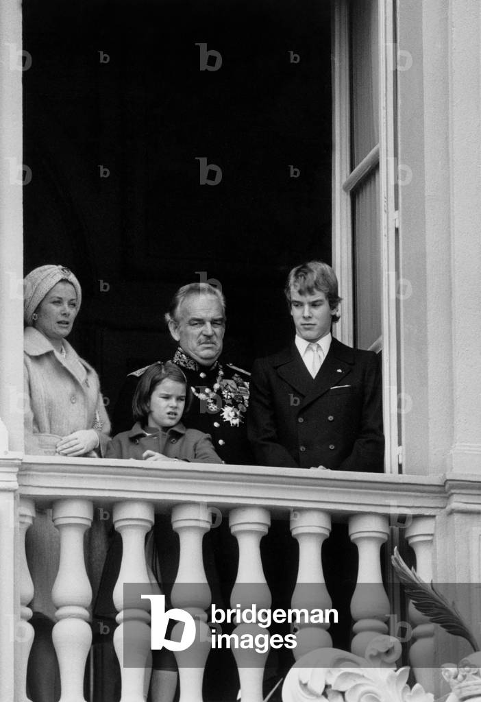 National Day in Monaco : Princess Grace, Princess Stephanie (B1965), Prince Rainier Iii and Prince Albert (B1958, Future Albert Ii) on November 20, 1973 (b/w photo)