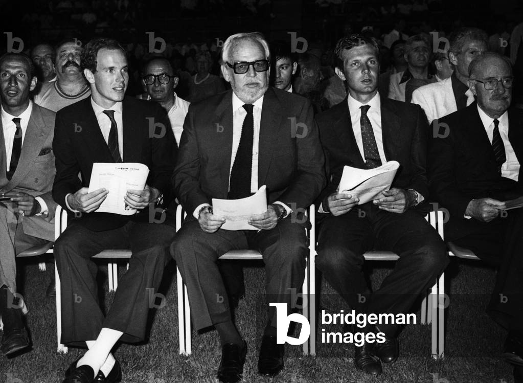Prince Albert of Monaco (Future Albert Ii), Prince Rainier Iii of Monaco and Stefano Casiraghi Attending Boxing Matches, Monaco, July 16, 1984 (b/w photo)