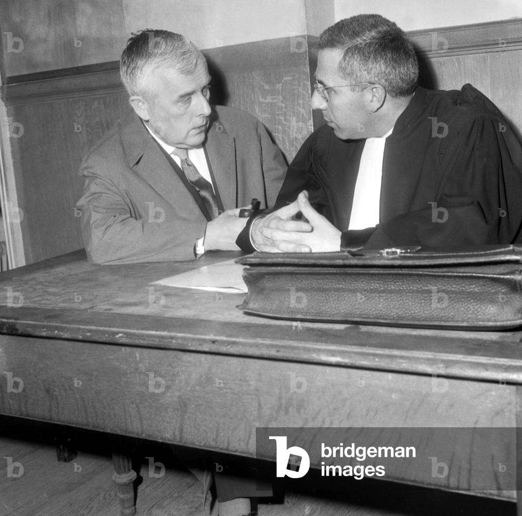 Claude Darget With his Lawyer Libman on March 27, 1962 during his Trial at Industrial Tribunal Against Ortf ( Former Name of French Broadcasting Service). He Wants To Be Regraded As A Journalist and Wants To Be Paid (b/w photo)