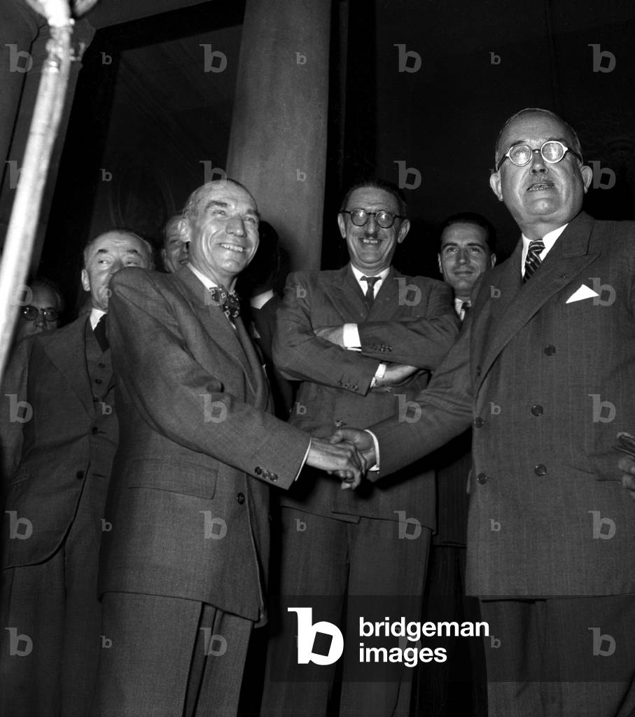 French Politicians Andre Marie, Jules Moch and Vincent Auriol July 27, 1948 (b/w photo)