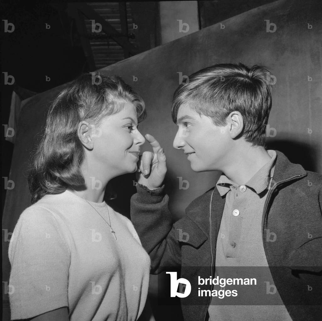 French actors Monique Brienne and Jean Pierre Leaud on set of film 