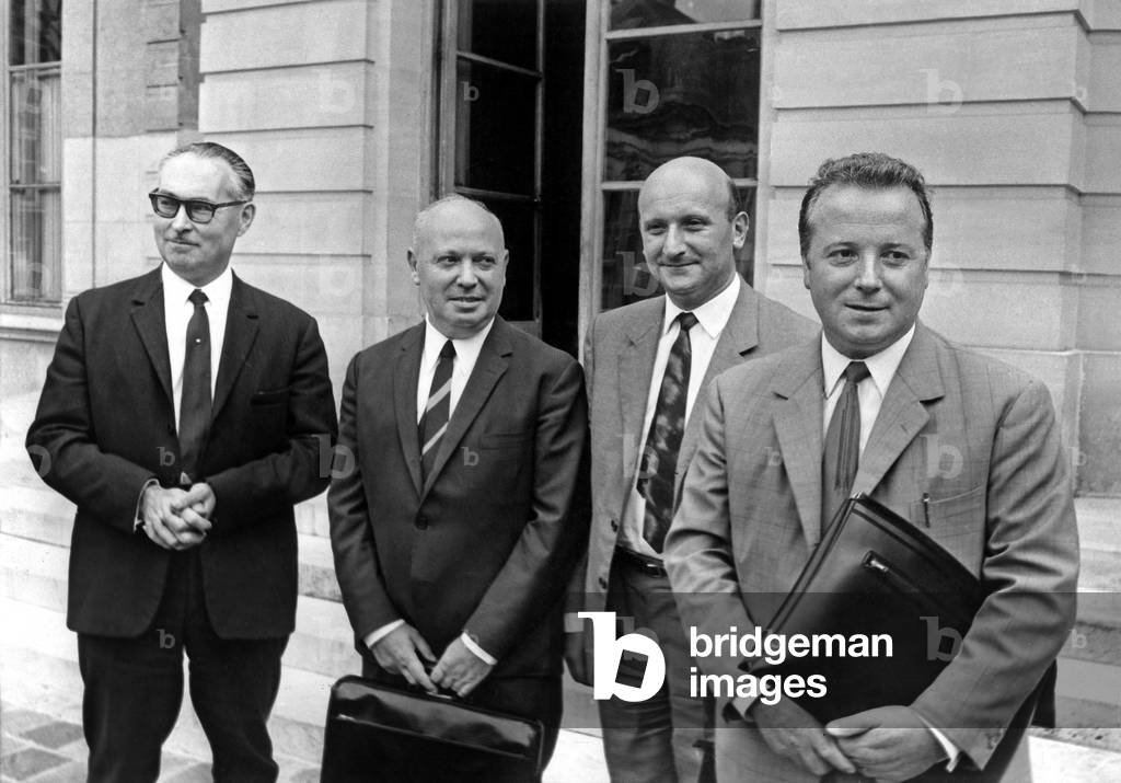 Members of French Trade Union Cgt at Matignon Hotel in Paris To Meet Premie Minister : Jean Schaeffer, Rene Duhamel, Henri Krazucki and Georges Seguy August 29, 1968 (b/w photo)