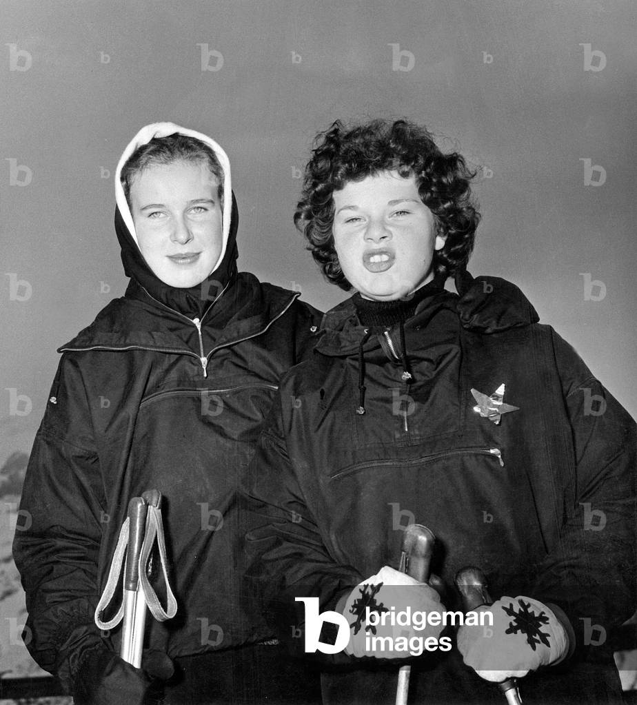 Princess Maria Gabriella of Savoy (L) and her Sister Maria Beatrice of Savoy (R) , Daughters of King Umbertoii of Italy, here at Winter Sports in The Alps January 03, 1957 (b/w photo)