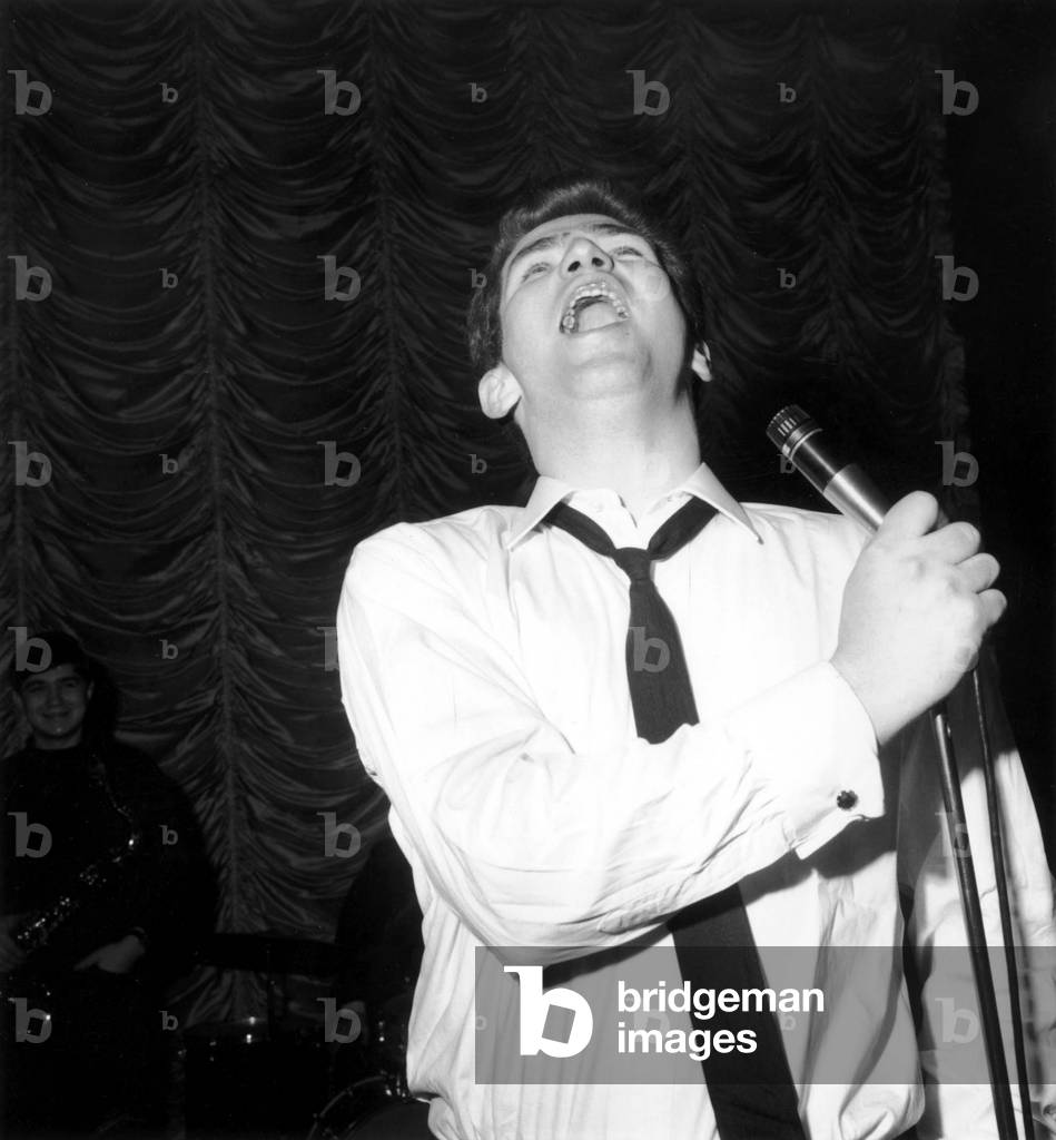 French Singer Eddy Mitchell during Rehearsal in Bobino, Paris, January 6, 1965 (b/w photo)